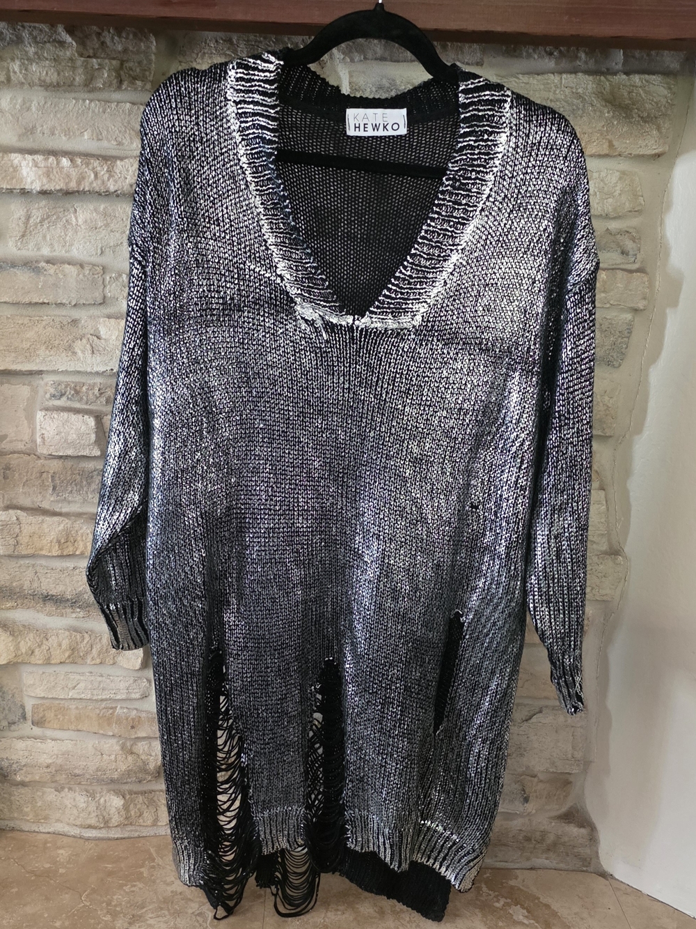 Kate Hewko Metallic Charcoal V-Neck Distressed Sweater